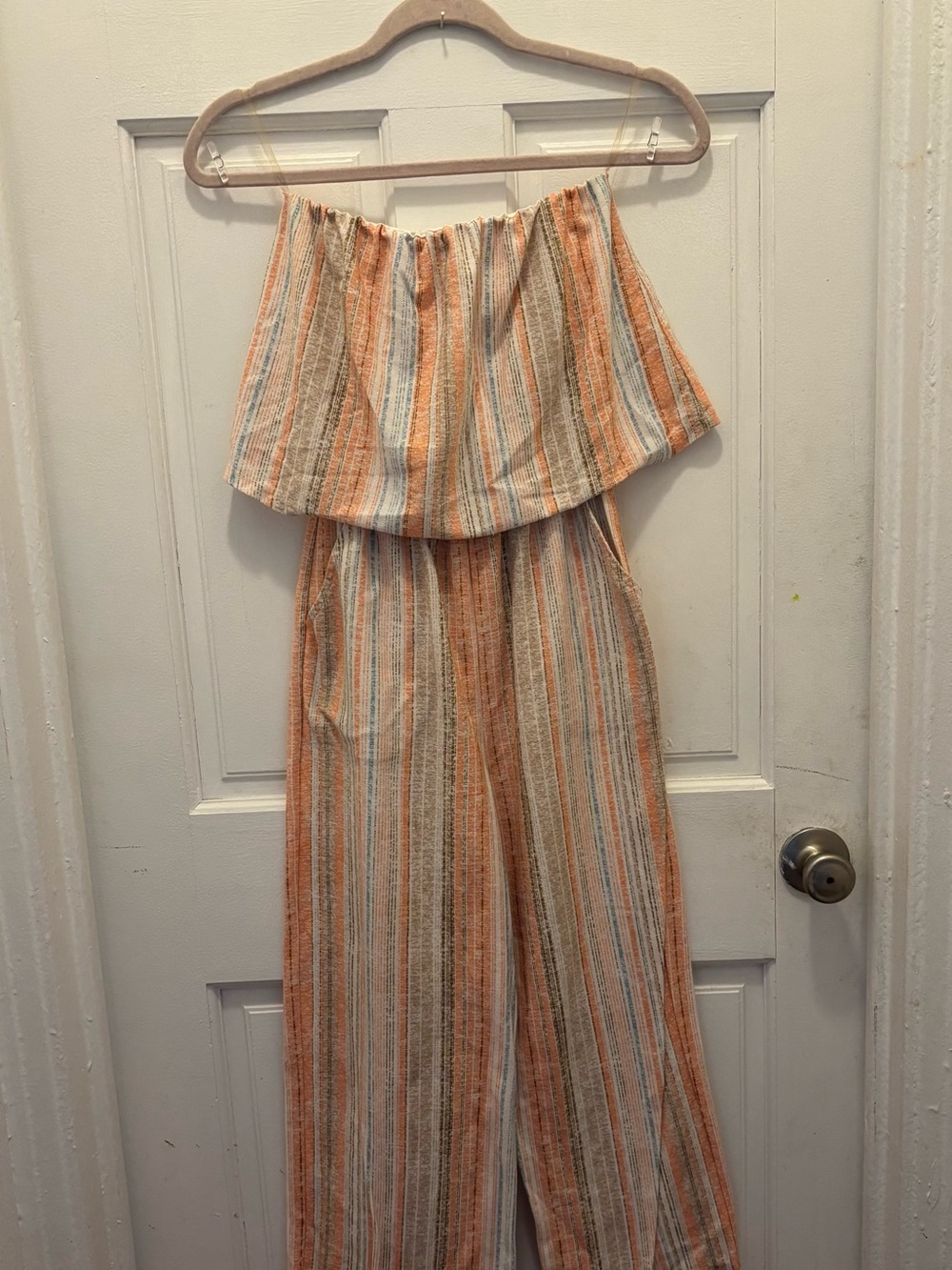 Strapless Orange Cream and Blue Striped Jumpsuit